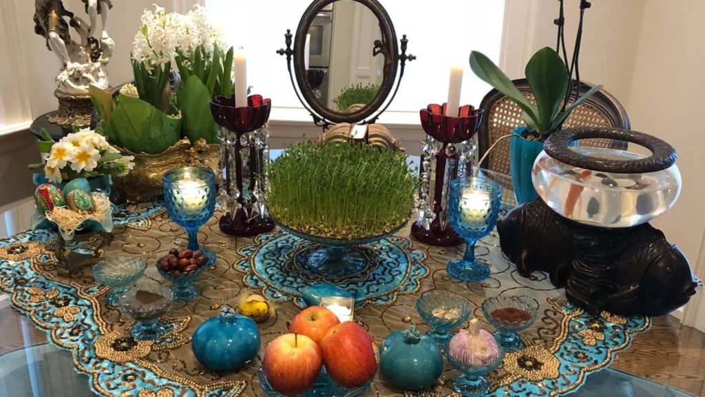 Traditional Haft Sin table celebrating Nowruz, the Persian New Year, prepared by an Iranian family in Germany