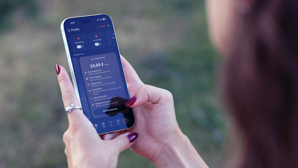 Woman comparing features and plans on a Persian dating app